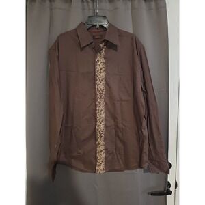 Contigo Brown Striped Dress Shirt, Men's Large, Long Sleeve, Embroidered